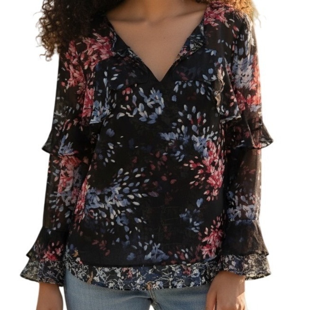 WHITE HOUSE BLACK MARKET Ruffled Watercolor Mixed Media L/S Blouse EUC Size 0